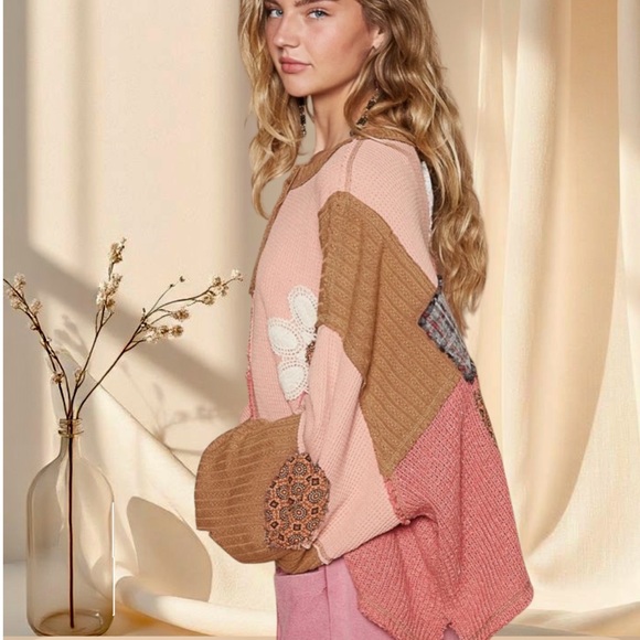 POL Patchwork Knit Henley Pullover Oversized Boho Slouch Sweater | Apricot Multi - Picture 7 of 8